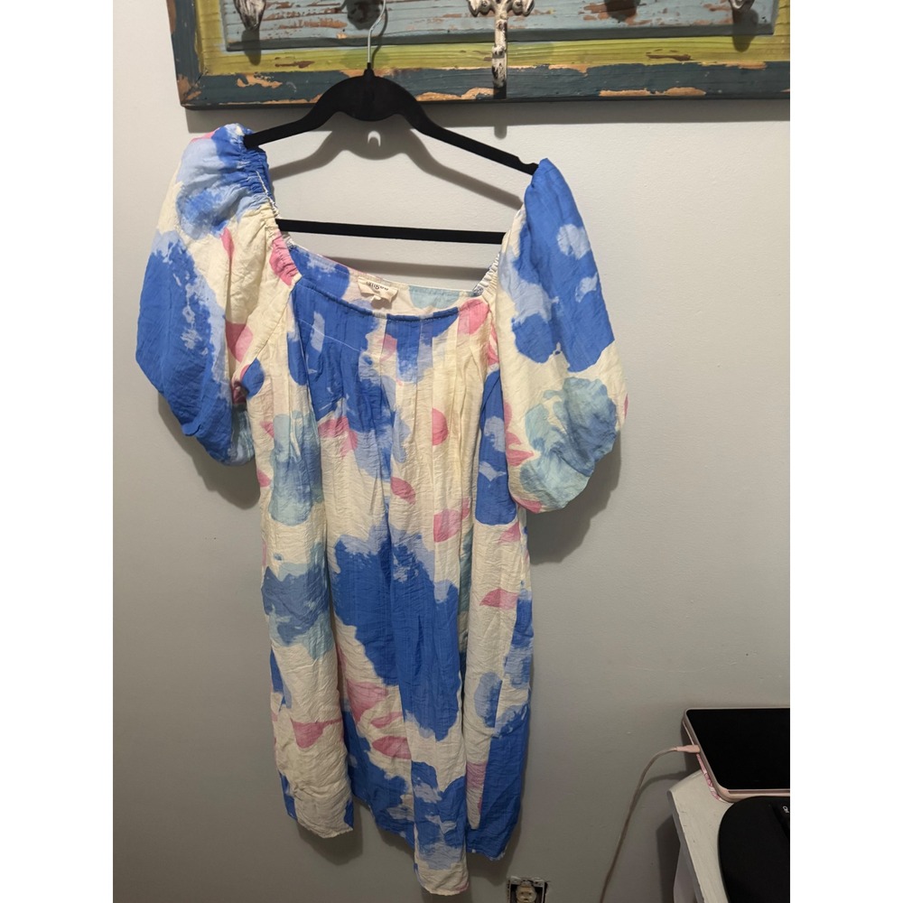 Umgee USA Womens Large‎ Blue Pink Watercolor Floral Puff Sleeve Mini Dress Boho